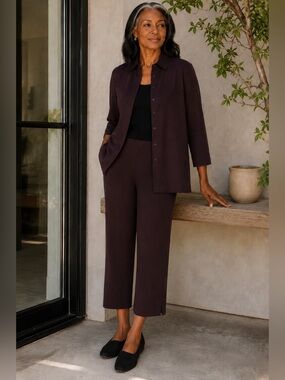 Eileen Fisher Dark Brown Stretch Crepe Cropped Pants Elastic Waist EUC S #2585